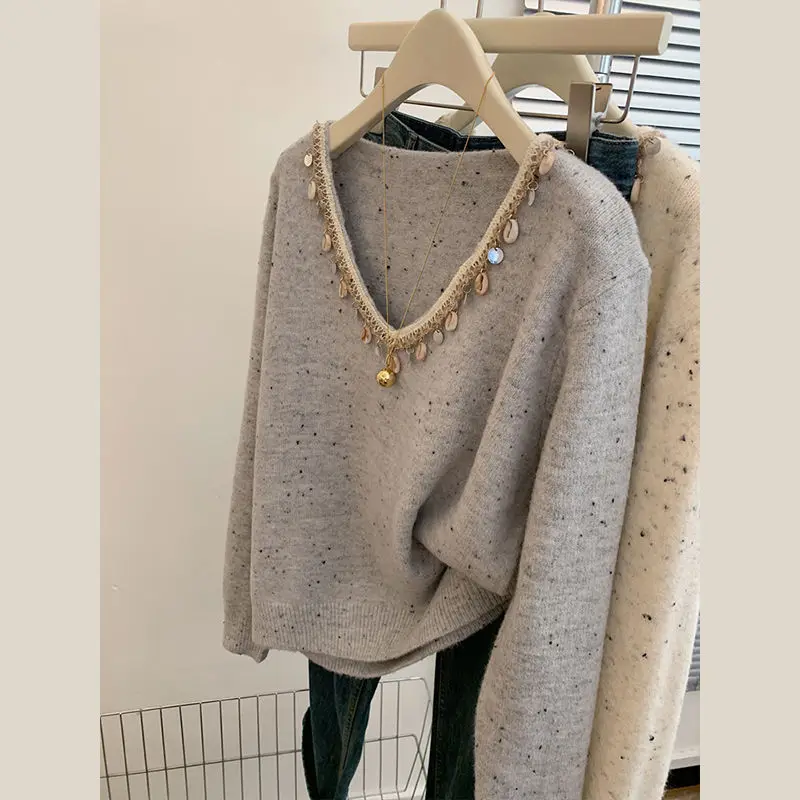 Women\'s Stylish Vintage Sequins Chic Knitted Sweater Autumn Winter Printed V Neck Long Sleeve Loose Pullover Tops Female Jumpers