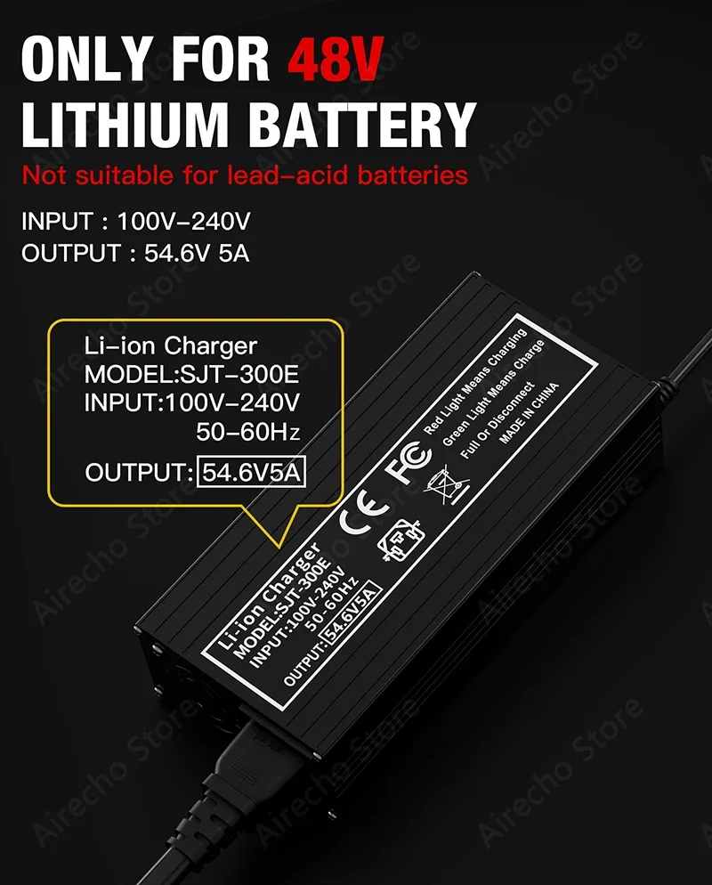 54.6V 5A Fast Charger For E-Scooter/E-Bike 13S 48V 10Ah 15Ah 20Ah Lithium Battery Intelligent Charger 100-240V with Cooling Fan