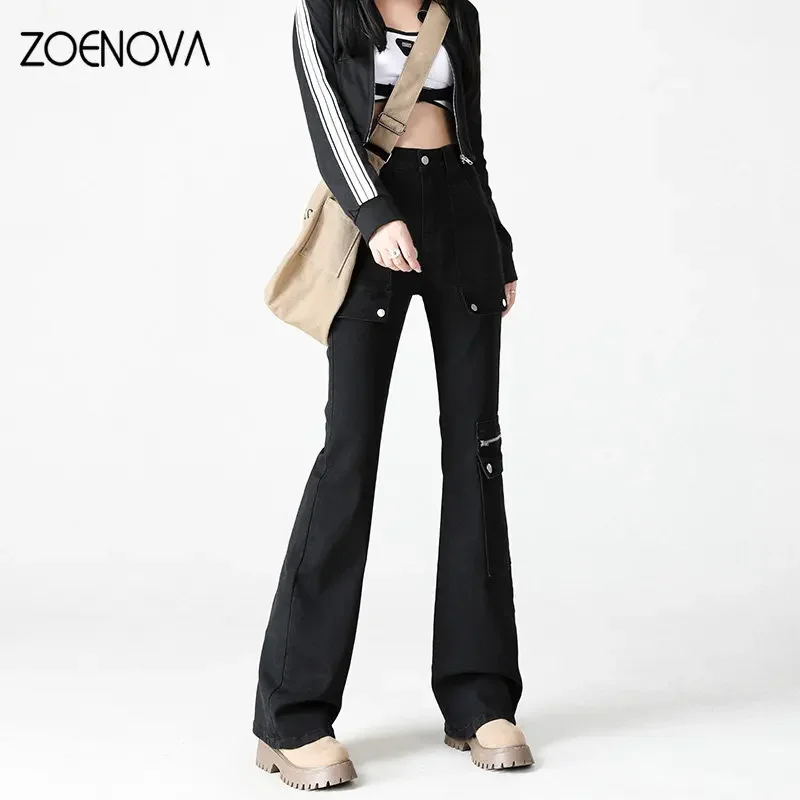 ZOENOVA Belly Slimming High Waist Denim Tooling Flared Pants Women's Jeans Side Pocket Design American Street Retro Style