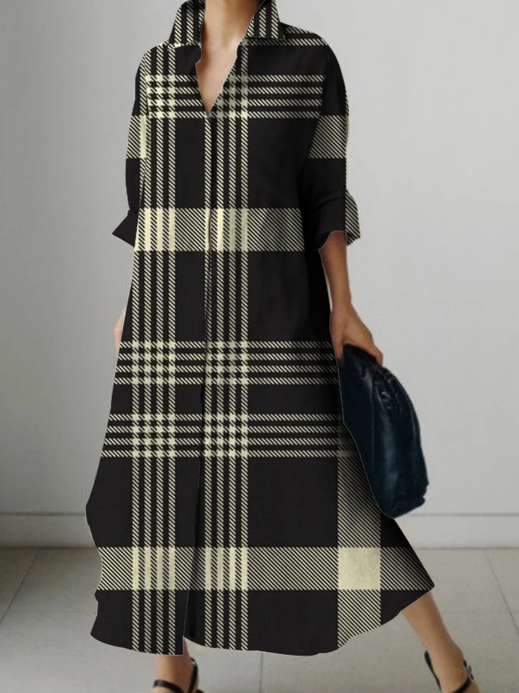 New Long Sleeve Shirt Dress Ladies Plaid Print Design Dress Elegant Beautiful Evening Gown Deluxe Dress For PROM Spring/Summer