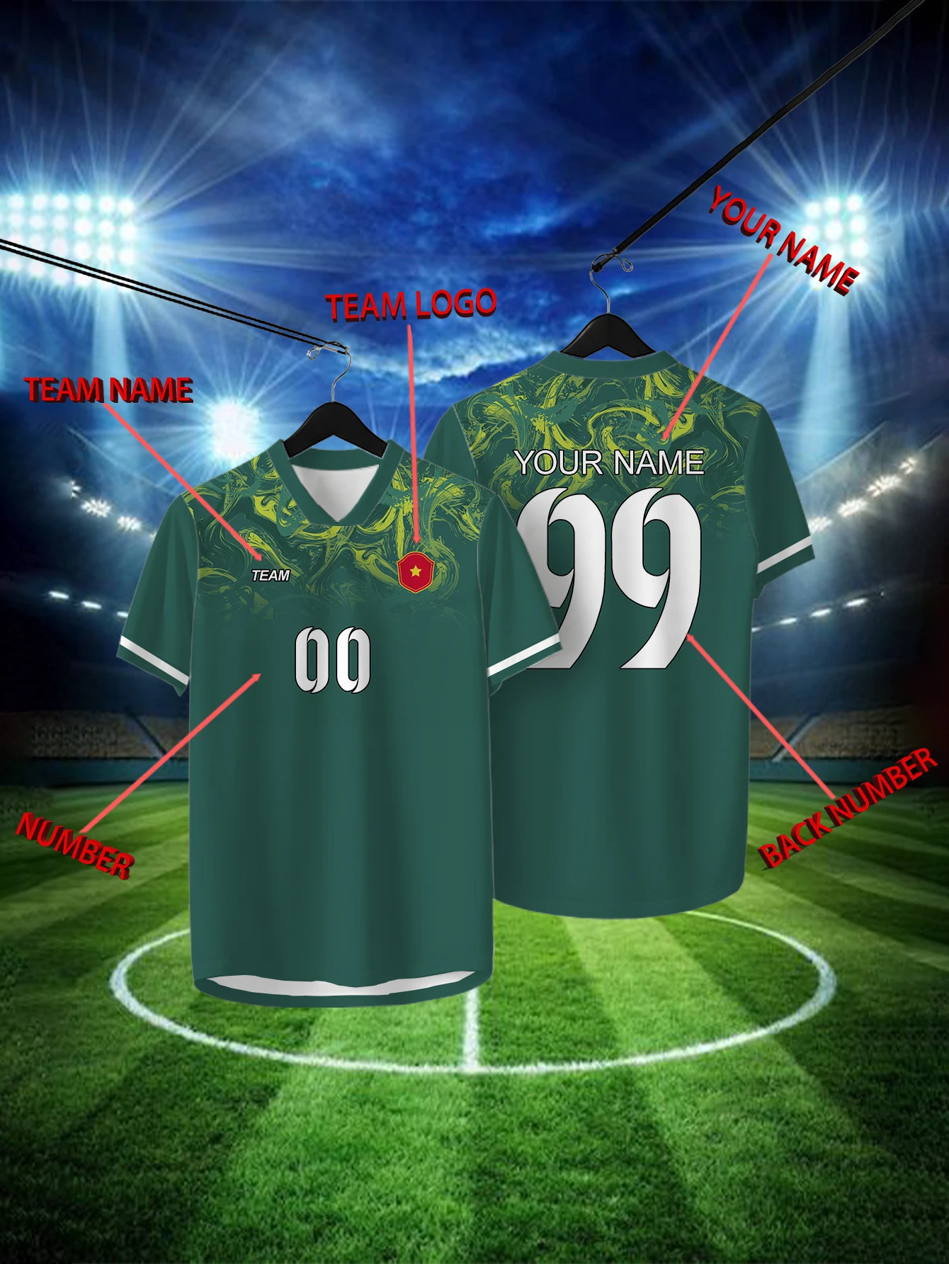 

Customized Geometric Green Short Sleeved Shirt with Team Name, Emblem, Name and Number, Outdoor Sports Short Sleeved T-shirt