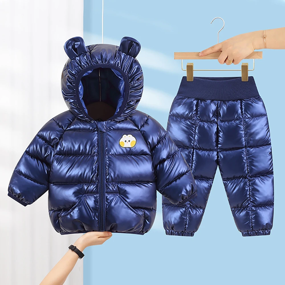 Kids Baby Cotton Padded Clothes Sets Winter Girls Boys Thick Warm Glossy Hooded Down Cotton Coats+Pants 2Pcs Children Snow Wear