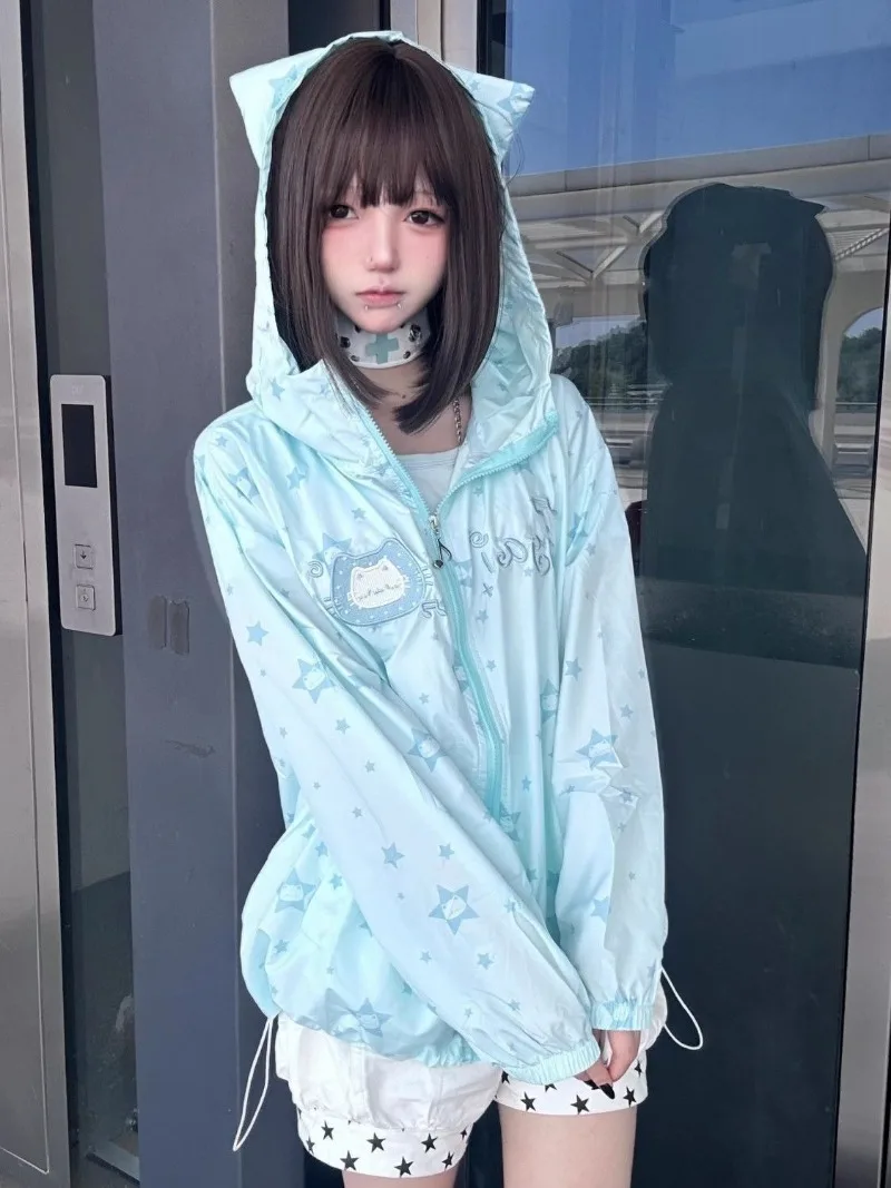 Women's Y2K Summer Thin Cute Cat Ear Hoodie with Star Pattern & Cat Embroidery Sun Protection Zipper Sweatshirt Cutecore Jacket