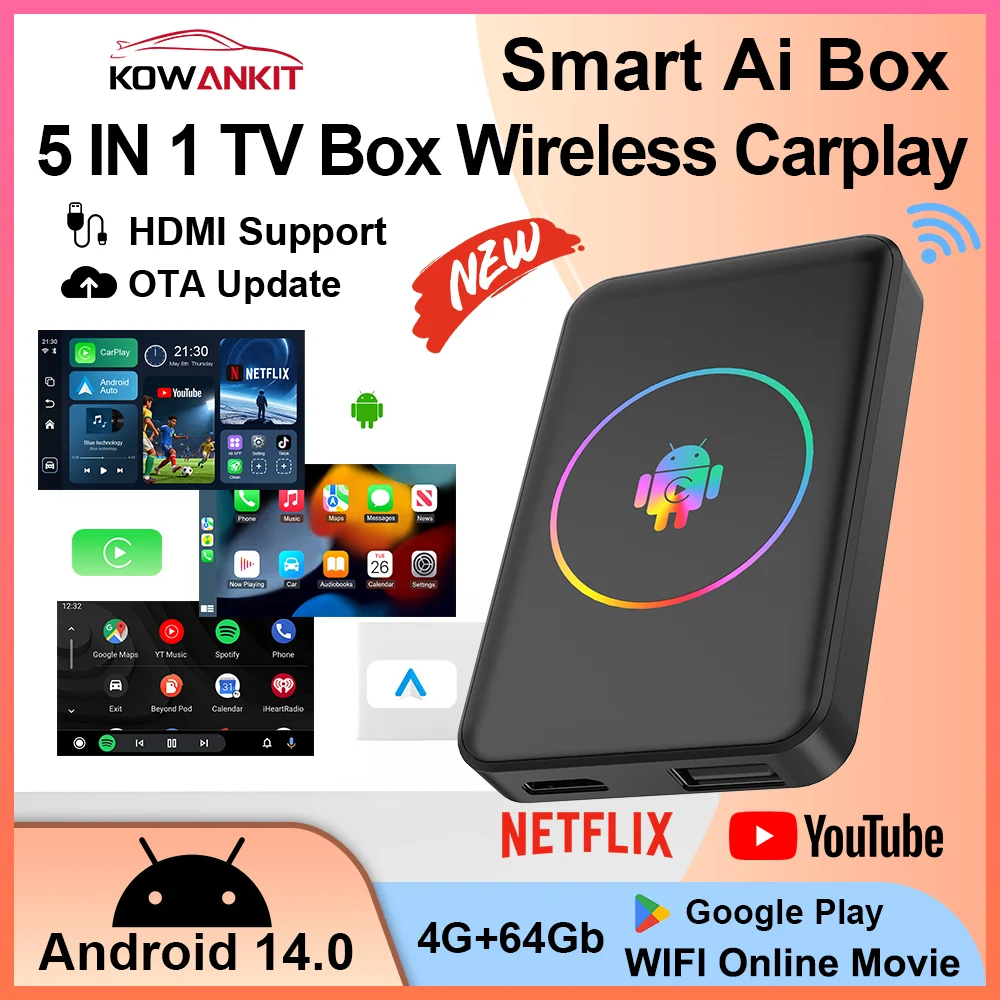

4+64G Android 14 Wireless CarPlay Ai Box Kowankit 5 in 1 Smart HDMI Plug & Play Android Auto Car Tv Box For YouTube Netflix 2026
