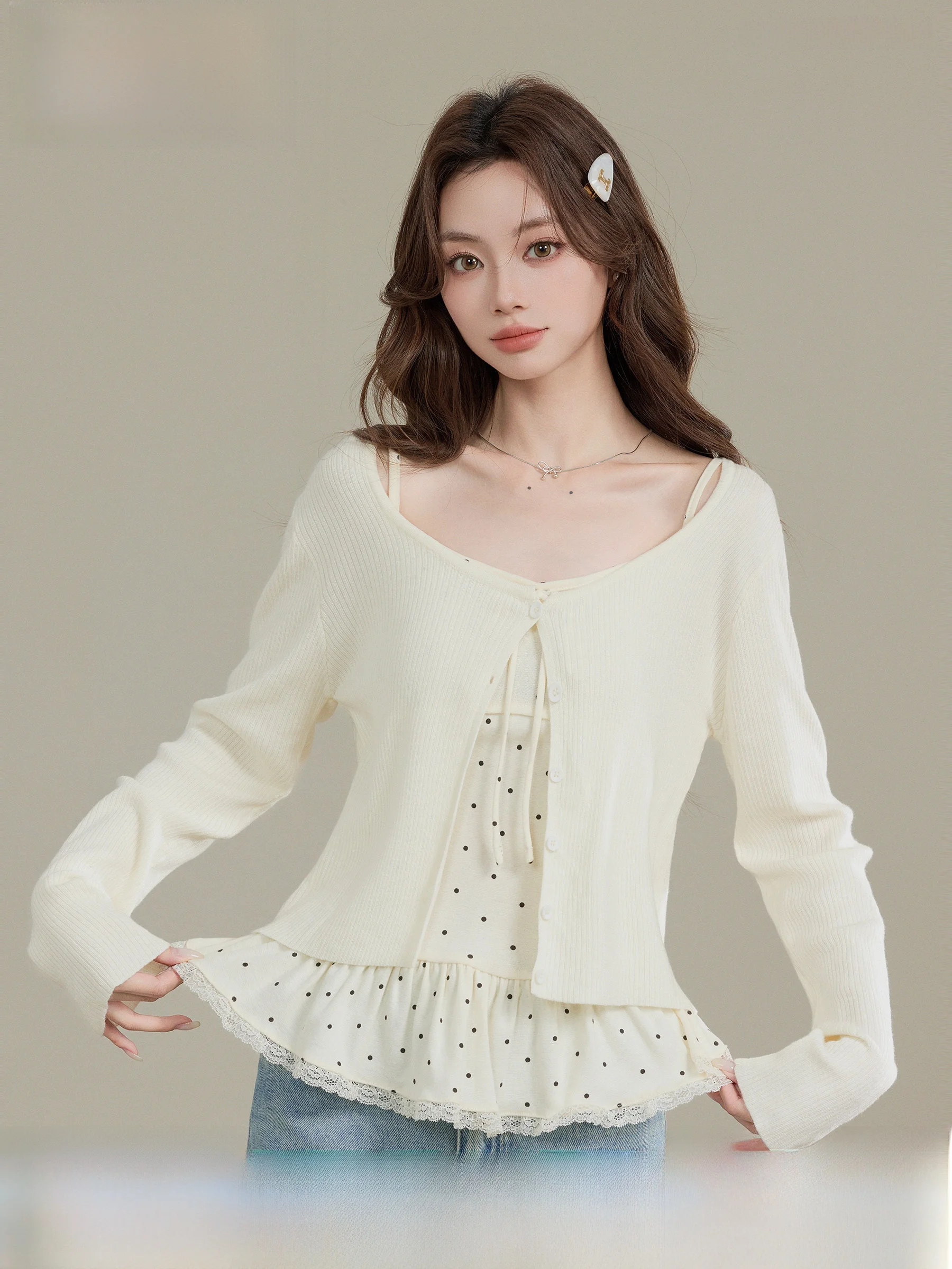 

Ретро-кардиган вязаный женский с длинным рукавом, приталенный топ, имитация двойки, мягкий, нежный стиль, с цветочным принтом и пуговицами