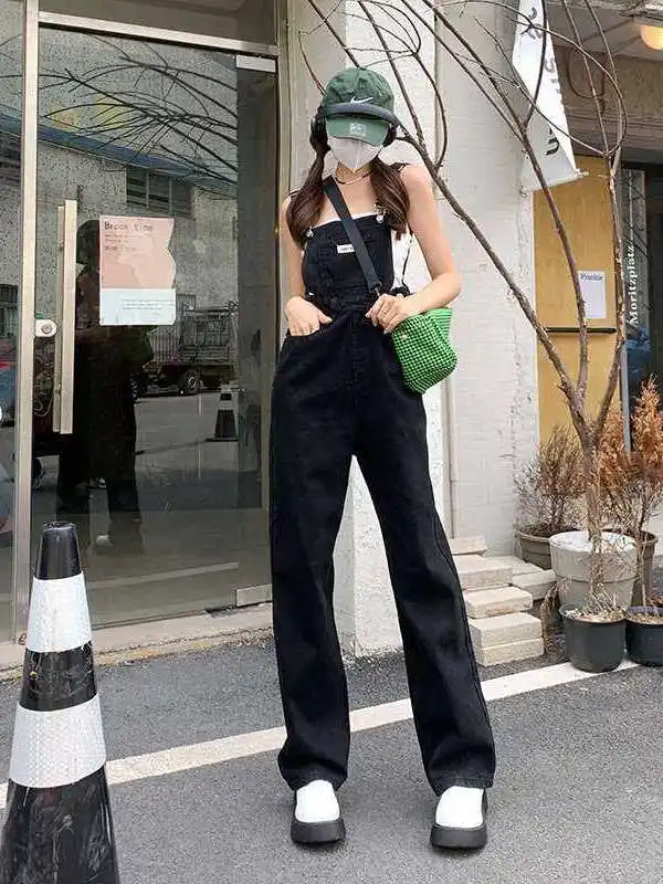 

Salt Straight Denim Overalls Women's New Bla Loose High Waist Mid-Elastic Cleanfit Sle Women's Jeans High Waist Bla Ove...