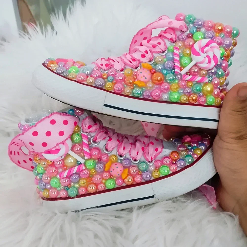 Handmade Rhinestone Bling Girls Womens Kids And Mother Candy Canvas Shoes Pearls Sneakers For Birthday Party Christmas gift