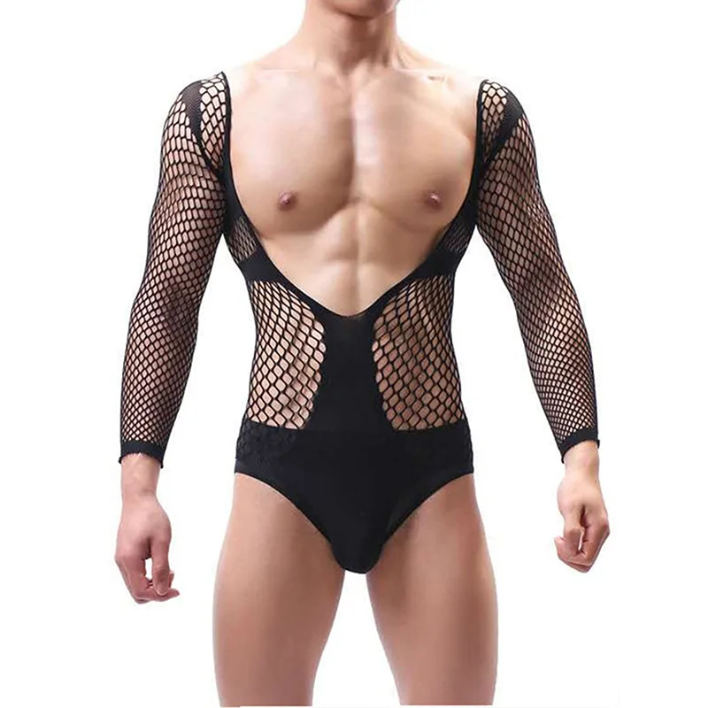 Sexy Black Fishnet Lingerie Men Transparent Catsuit Body Stockings For Sex Long Sleeve Backless Teddies Nightwear Gay Nightclub