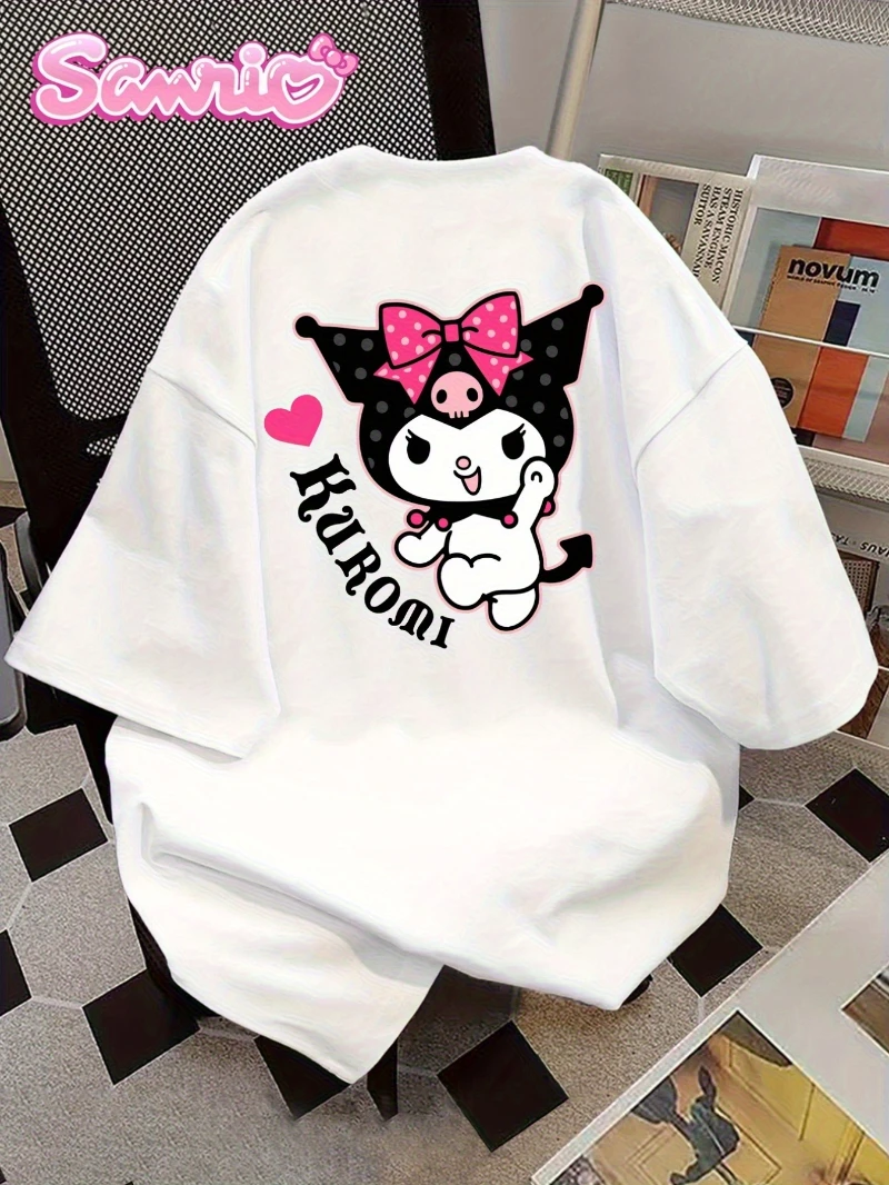 

Sanrio Women's Casual T-shirt - Cute Cartoon Cool Lomi Print, Round Neck with Stickers Details Fashionable Summer Cotton Top