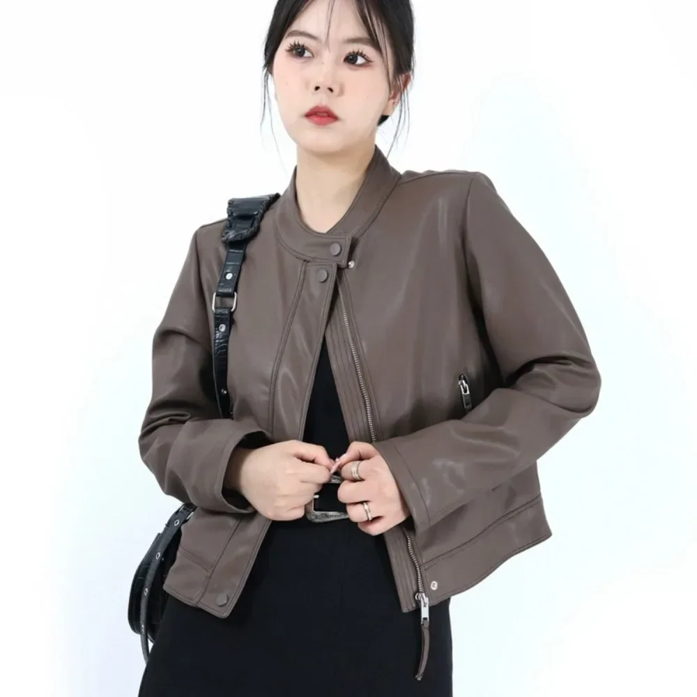 New Eco-friendly Leather Coat Female Short Casual Motorcycle Leather Jacket Autumn Fashion PU Leather Blouse Simple Fashion