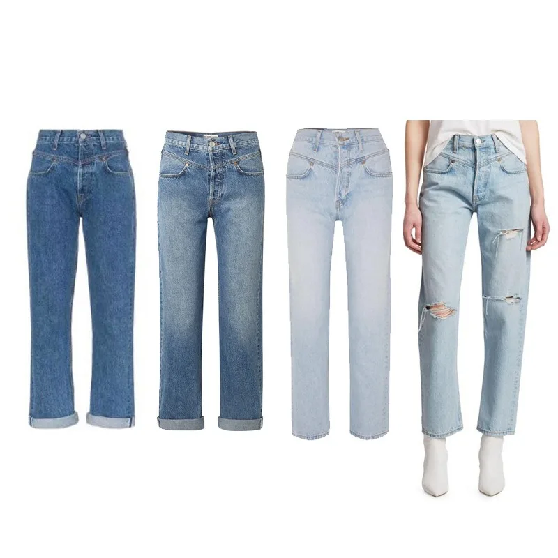 High Waist Slim Fit Retro Blue Straight long Jeans Pants Denim Pants for Women