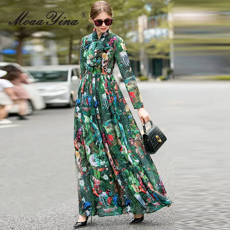 

MoaaYina 2025 Autumn Flower Printed Long Sleeve Strap Collar Waist and Floor Dress