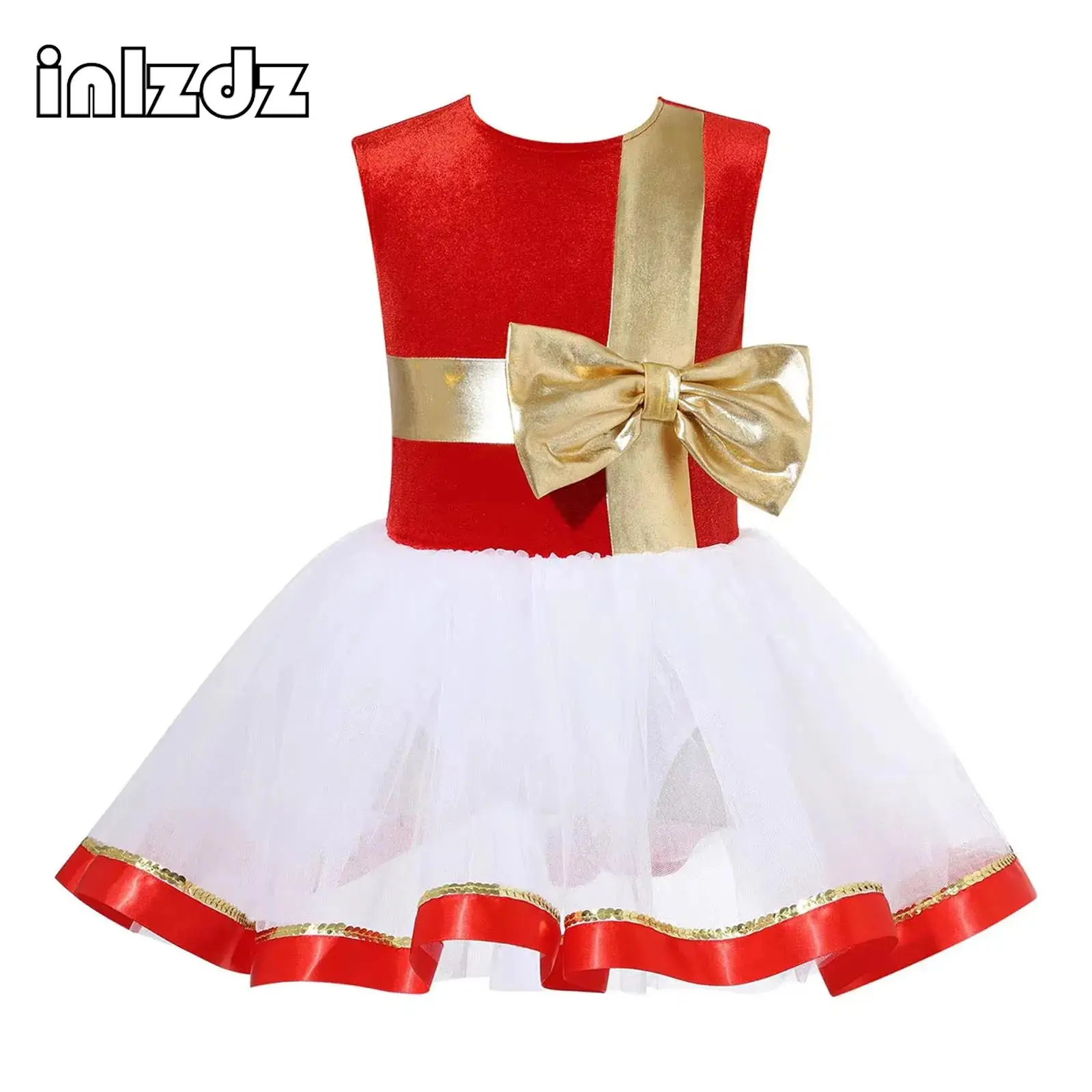 Girls Christmas Dance Dress Sequins Bowknot Adorned Mesh Tutu Ballet Leotard Xmas Carnival Party Cosplay Performance Costume