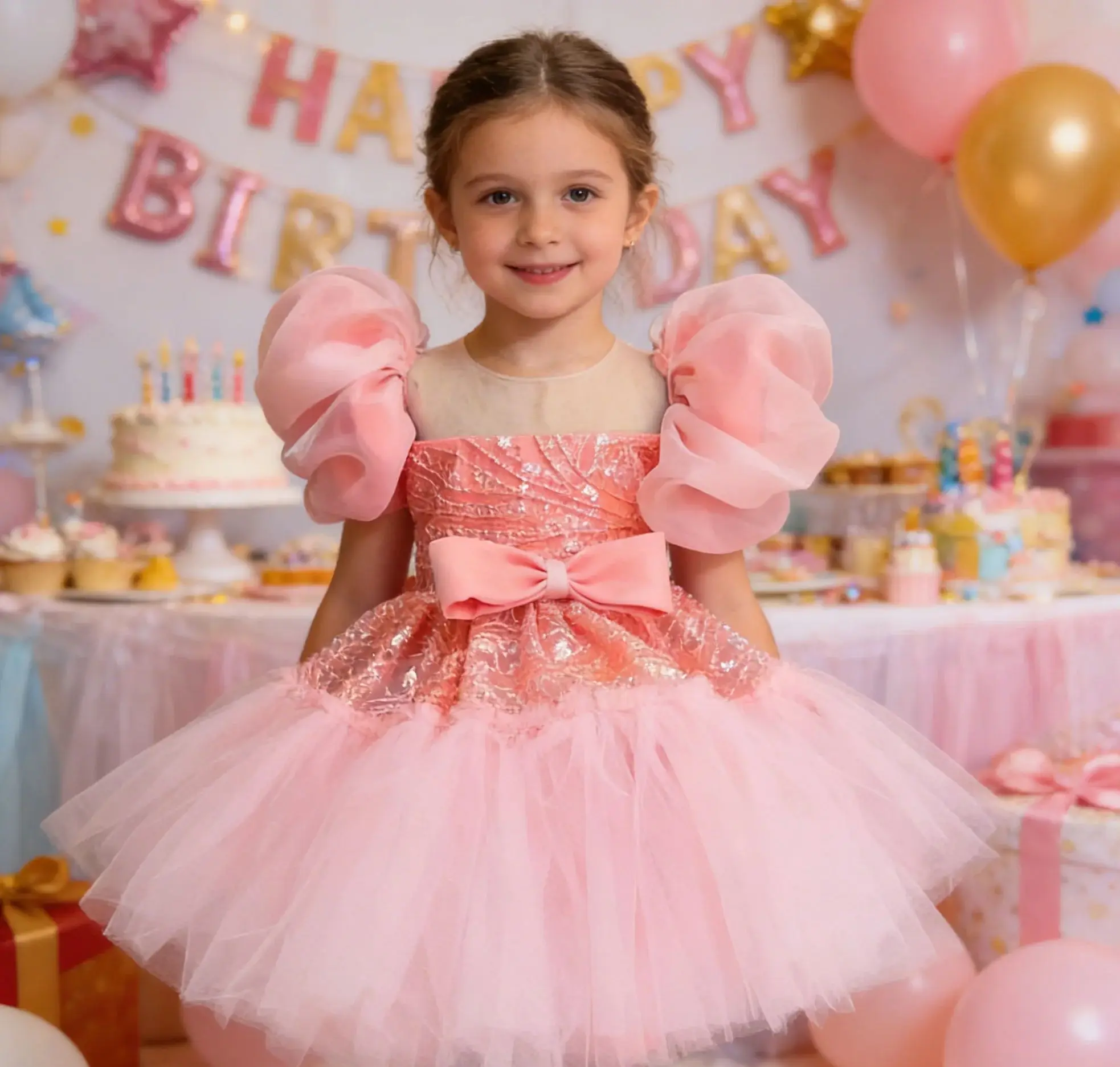 

Lovely Pink Custom Flower Girl Dresses for Wedding Short Sleeve With Bow Knee Lenght Kids Birthday Party First Communion Gowns