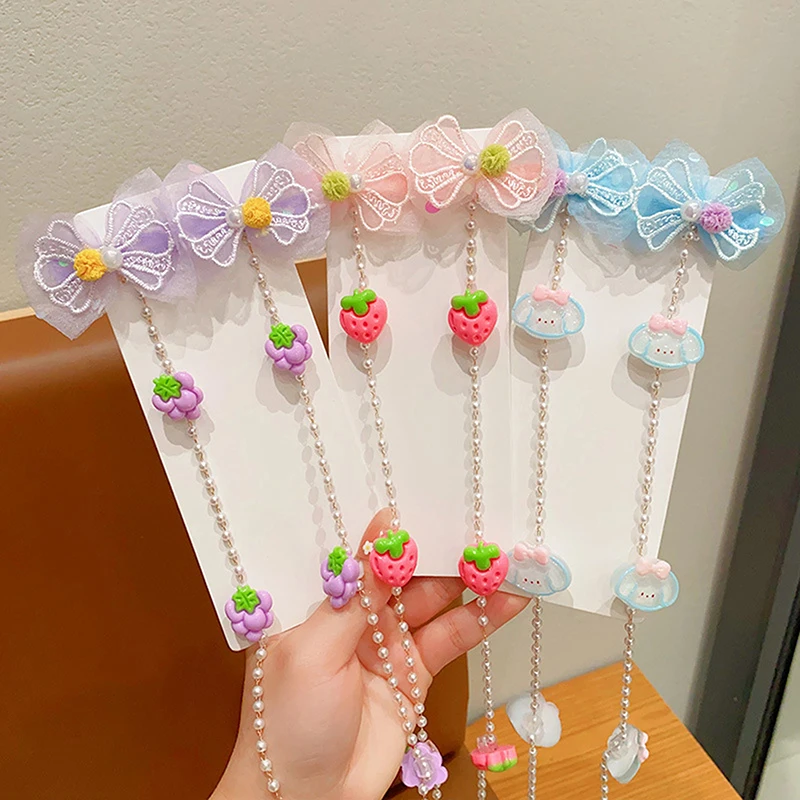 2PCS Little Girl Sweet Bow Hairpins Tassel Hair Chain Children\'s Lace Ribbon Headdress Cartoon Cute Animal Girl Braid Hair Clip