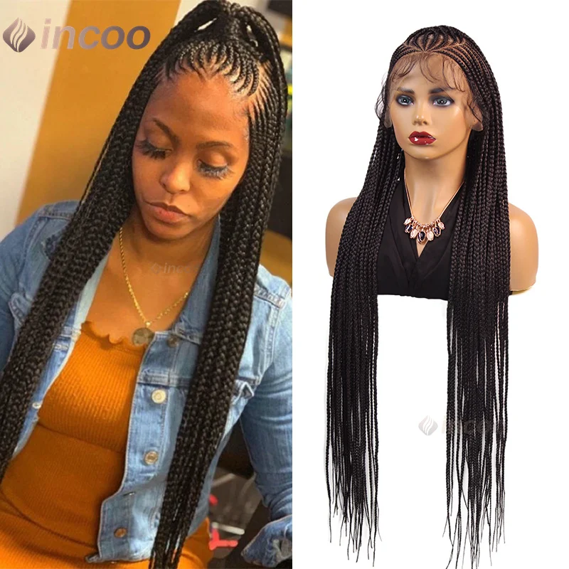 

36" Full Lace Synthetic Afro Cornrow Braided Wigs for Black Women Knotless Box Braids Wig With Baby Hair Handmade Braiding Wig