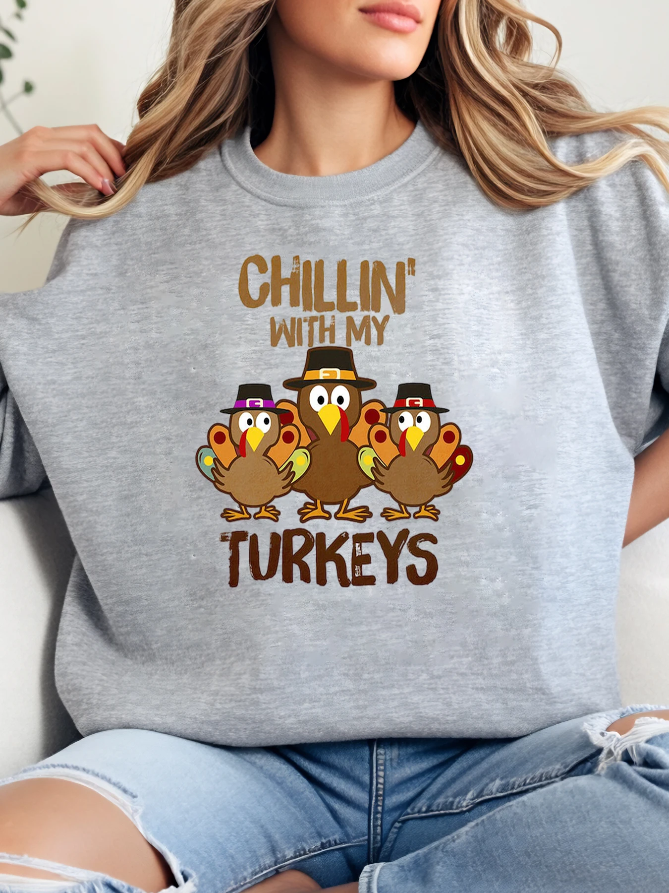 

Женская толстовка с принтом Chillin' with My Turkeys на День Благодарения, повседневная праздничная одежда, серая, больших размеров