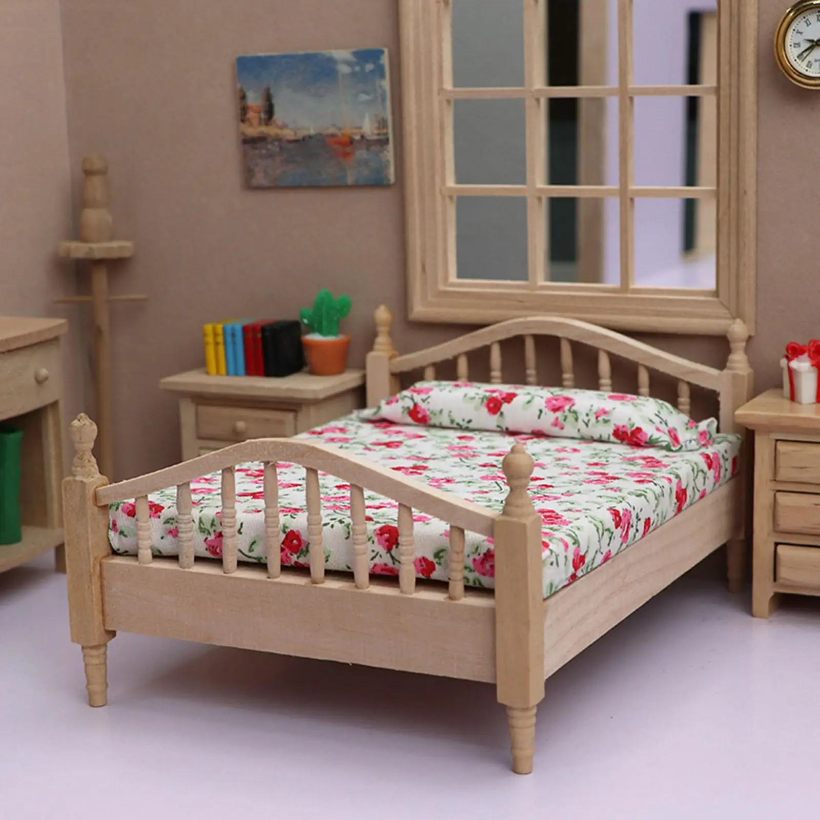 1/12 Scale Doll House Wood Double Bed Model Doll House Accessories Pretend DIY Photography Props for Children Girls Gifts