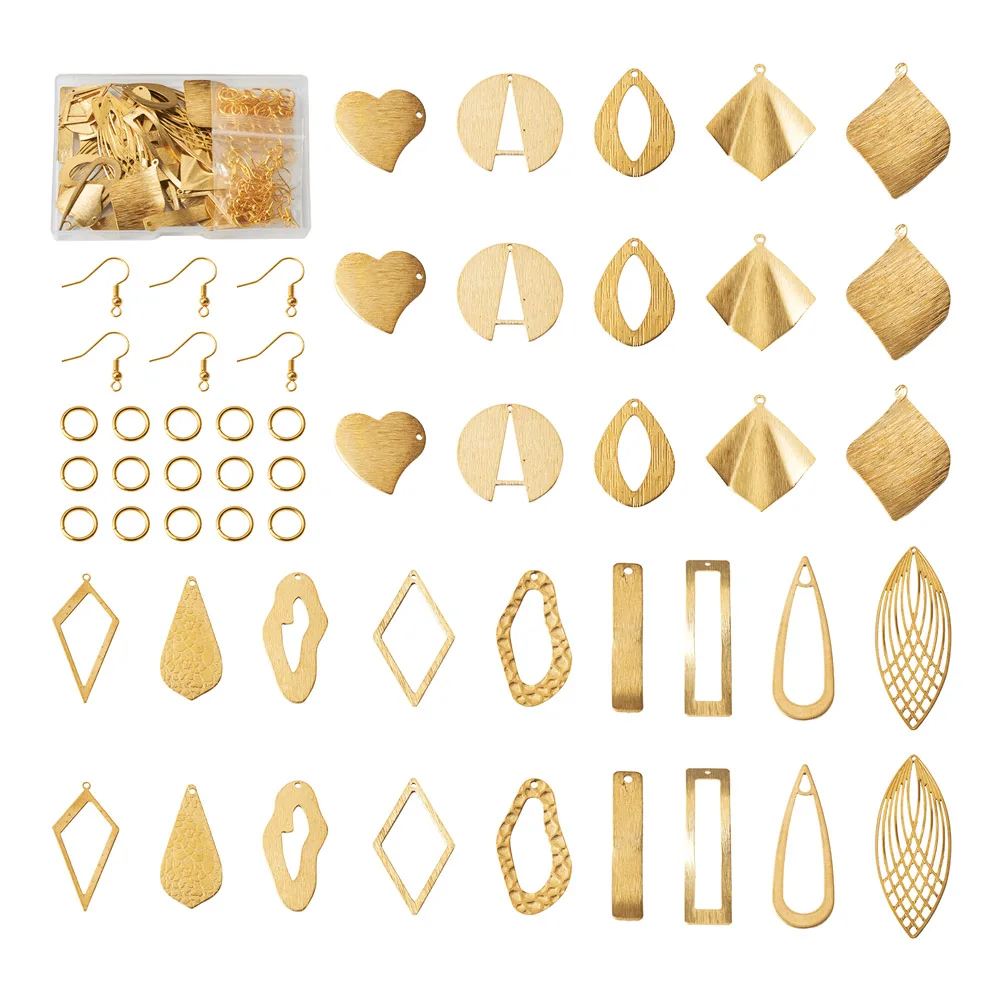 

56pcs Geometry Earring Making Kit Rhombus Teardrop Leaf Heart Shape Brass Pendants with Hooks Jump Rings for DIY Jewelry Making