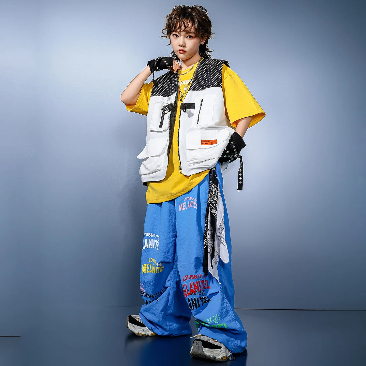 Enfant Kpop Hip Hop vêtements blanc sans manches veste gilet bleu décontracté jambe large Parachute pantalon pour fille garçon danse Costume vêtements