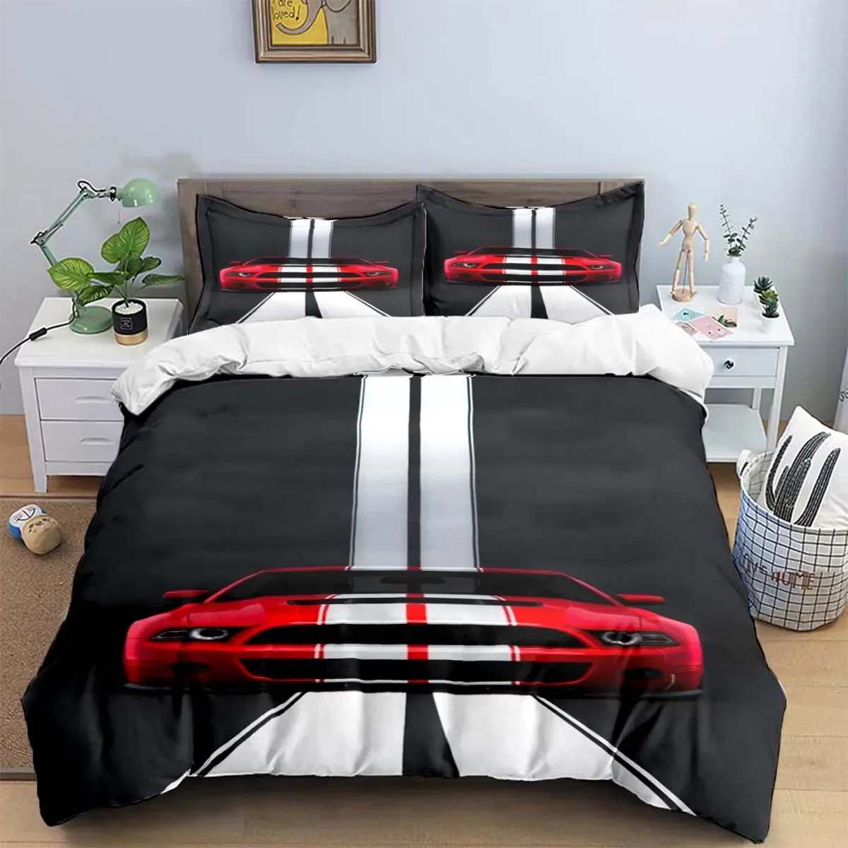 

3PCS Single-sided Printed Duvet RacingCar Pattern Bedding Set Duvet Comfortable Breathable Sheet Single King Queen DifferentSize