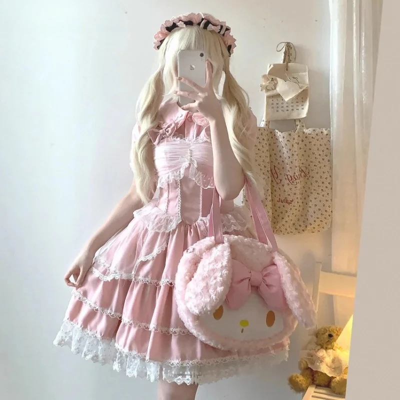 Cintura alta emagrecimento emenda polka dot malha sem mangas vestido de verão doce bonito meninas arco em camadas bolo lolita vestidos curtos