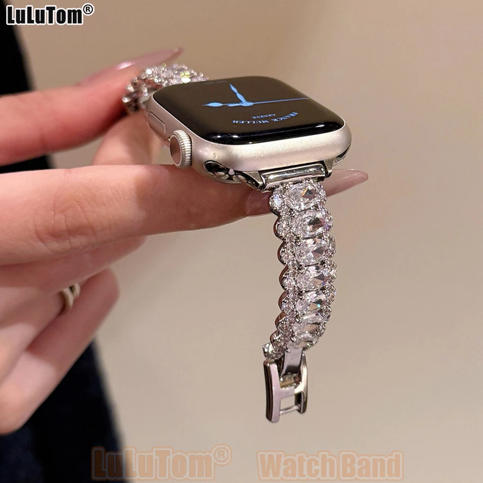 

Ремешок с крупными циркониевыми камнями для Apple Watch Series 11 10 9 8 7 6 5 4 3 SE Ultra, размеры 38 40 41 42 44 45 46 49 мм