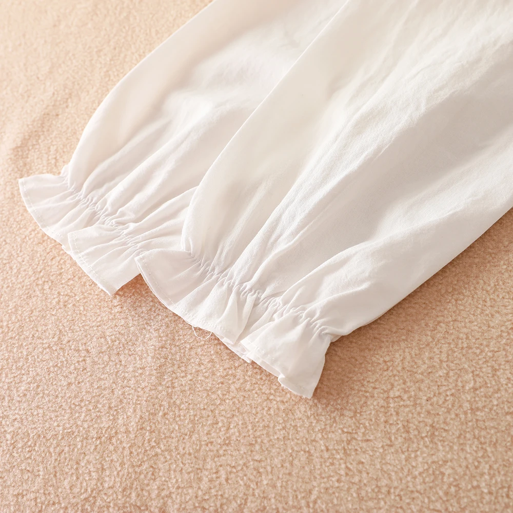 Weißes Hemd für Mädchen, 100 % Baumwolle, 5–12 Jahre, bestickt, gerüschter Kragen, Spitzenbesatz, langärmeliges Oberteil, Kinderkleidung für den Schulanfang – Detail 7