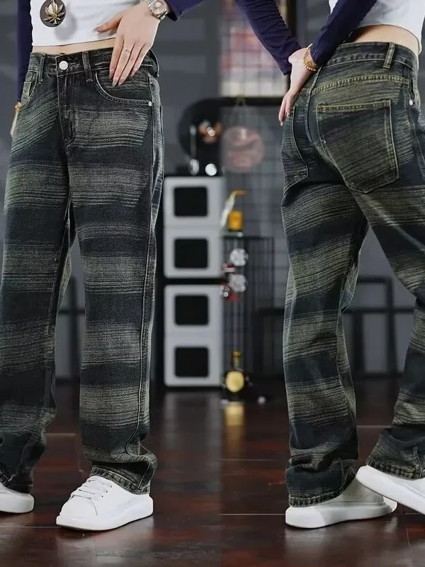 

American Sle Tie Dye Vertical Stripe Loose Fit Straight Leg Men's Jeans Casual Long Trousers Stripe Pants