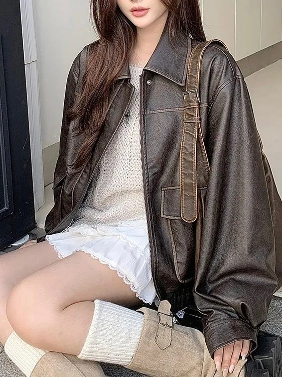 Jaqueta de Couro Marrom Retro Americana para Mulheres, Estilo Chic de Outono/Inverno, Nova Moda de Hong Kong, Jaqueta de Cour...