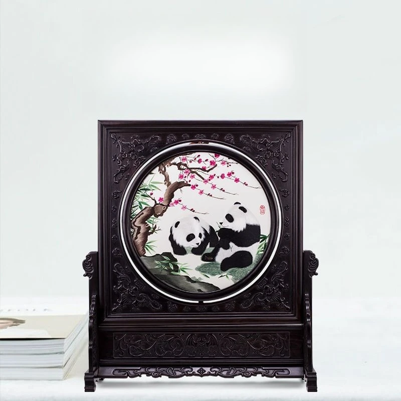 

Double-sided embroidery purple sandalwood ornament gift plum blossom bamboo panda