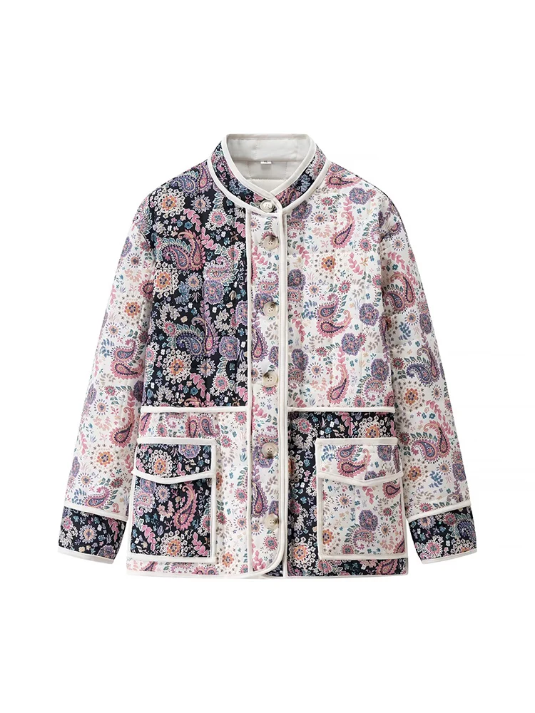 European style new women's fashion versatile temperament slim flower print long sleeve stand collar quilted cotton coat