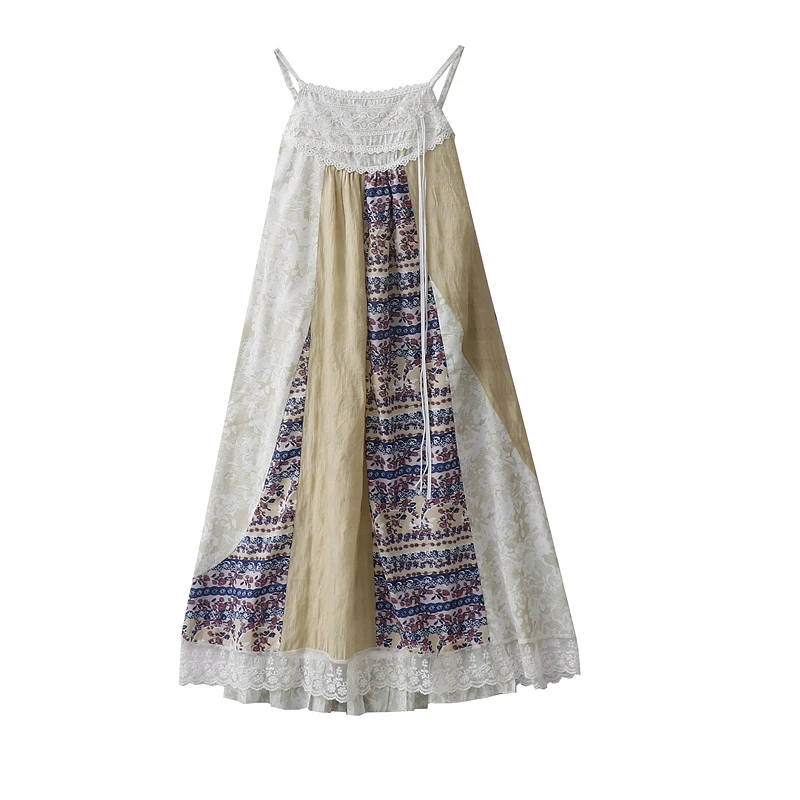

Vacation Style Lace Floral Spaghetti Strap Dresses Women's Summer New Spliced Beach Dress Korean Loose A-line Long Vestido