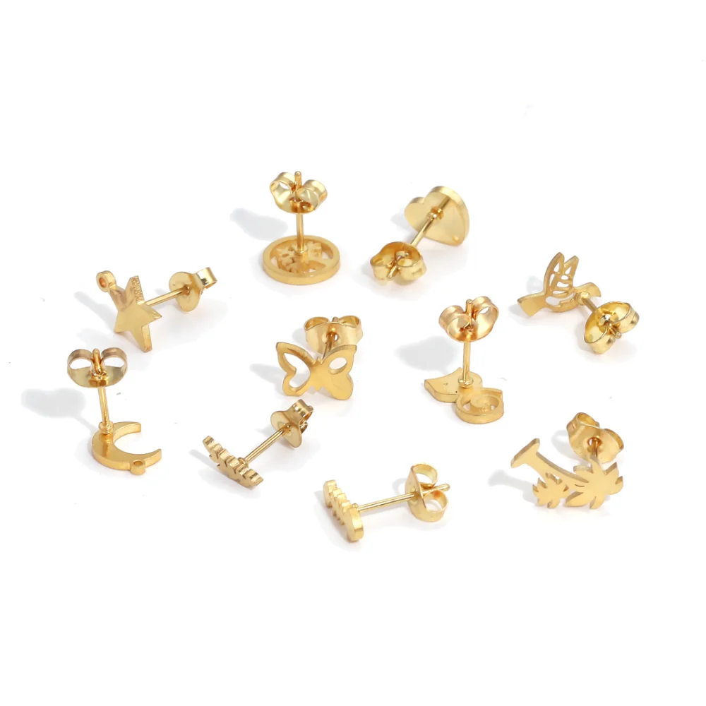 10pcs Stainless Steel Plating 18K Gold Moon Heart Palm Earring Post Stud  DIY Earring Jewelry Making Supplies Accessories