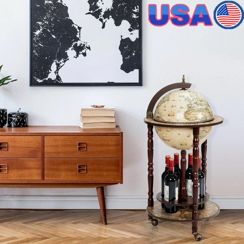 

Italian Style 17 Inch Wooden Globe Wine Rack Stand Cart Liquor Bottle Storage with Antique Design and Rolling Casters