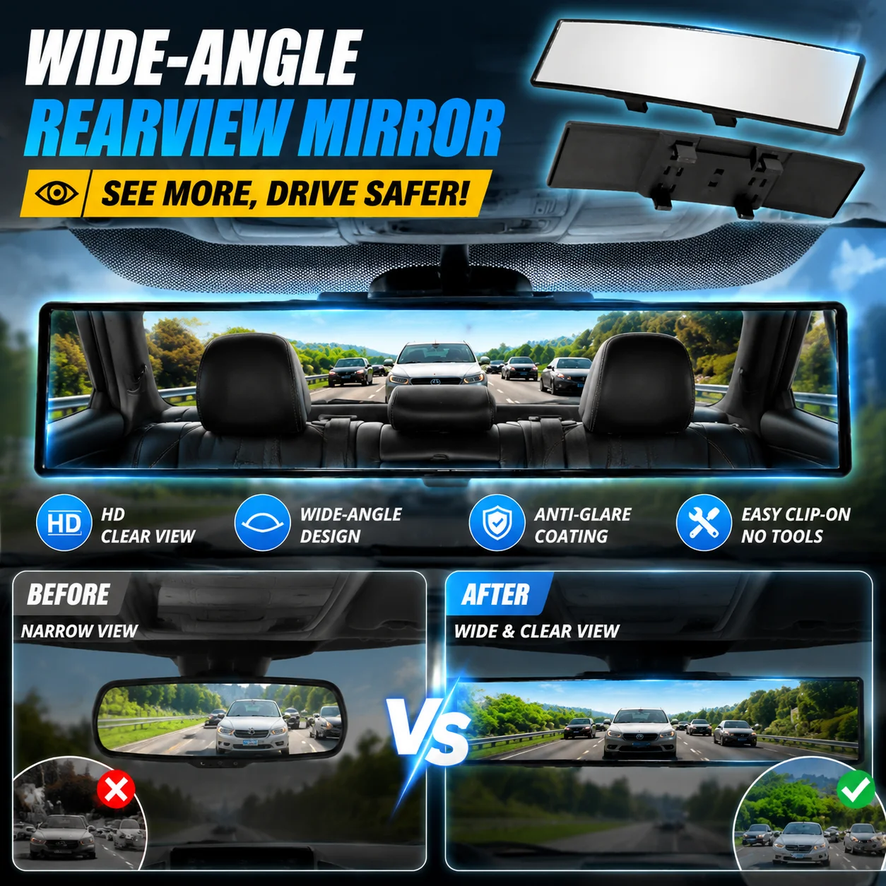 

Universal Curved Wide-Angle Car Rearview Mirror Anti-Glare Quick Clip On Installation Extra Large Panoramic Rear View Mirror