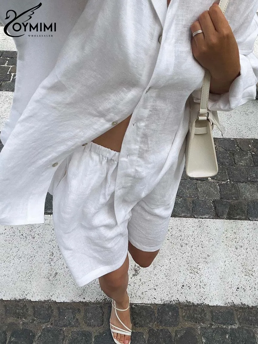 Oymimi Casual White Cotton Hemp Women\'s Two Pieces Set Fashion Long Sleeve Single Breasted Shirt + High Waist Pockets Shorts Set