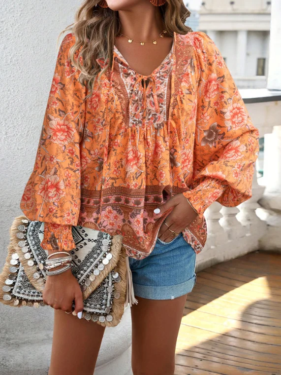 women's blouses trend 2025 Spring/Summer Bohemian Vacation Style Printed V-neck Lace up Long sleeved Shirt for Women