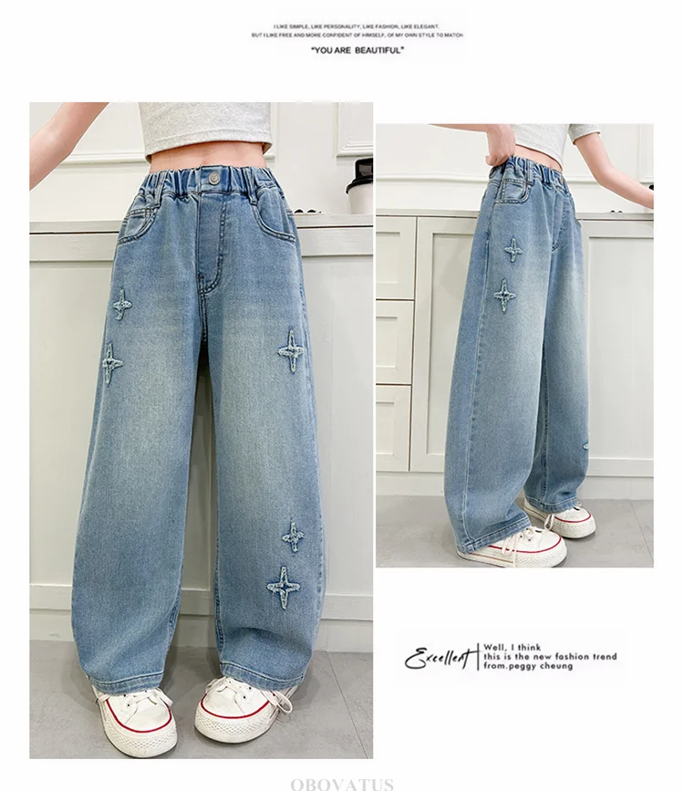 Neue Modische Kinderjeans mit Sternenmuster für Mädchen, Stylische Gerade Denim-Hosen, Lässige Jeans für Kinder und Teenager – Detail 3