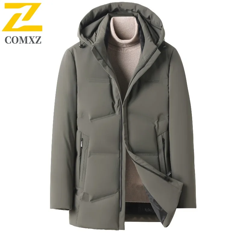 COMXZ Premium Mens Down Jacket 2025 Classic Hooded Outdoor Office Anti-Cold Parka Solid Color Travel Lightweight Winter Coat
