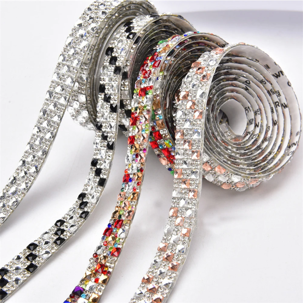 

4mm Triple Row Self Adhesive Square Crystal Rhinestone Ribbon DIY Glitter Car Home Decoration Gifts Wedding Trim Sticker