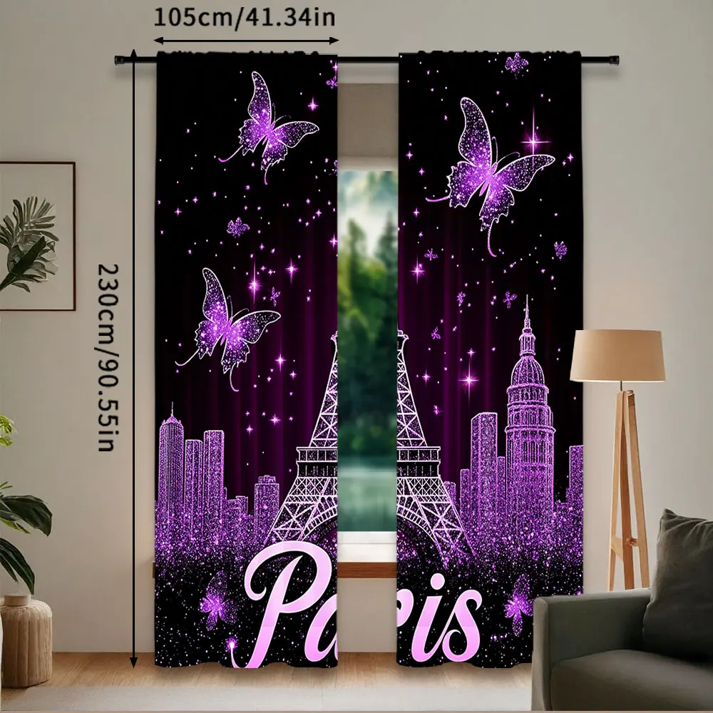 2Pcs Paris Eiffel Tower Curtains Curtains Adults Butterfly Florals Fashion Purple Romantic Suitable For Living Room Bedroom