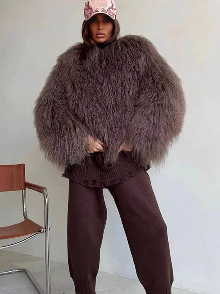 Fashion Brown Faux Fur Coat Women's Round Neck Loose Long Sleeves Thick Plush Short Jacket Winter