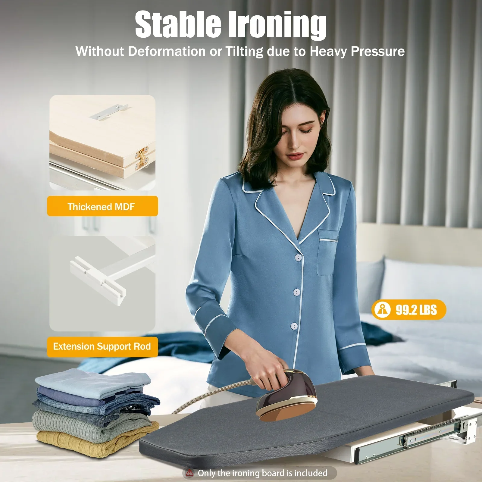 Gray Folding Ironing Board 180° Rotation Retractable Closet Pull & Push for Cabinet Easy To Install