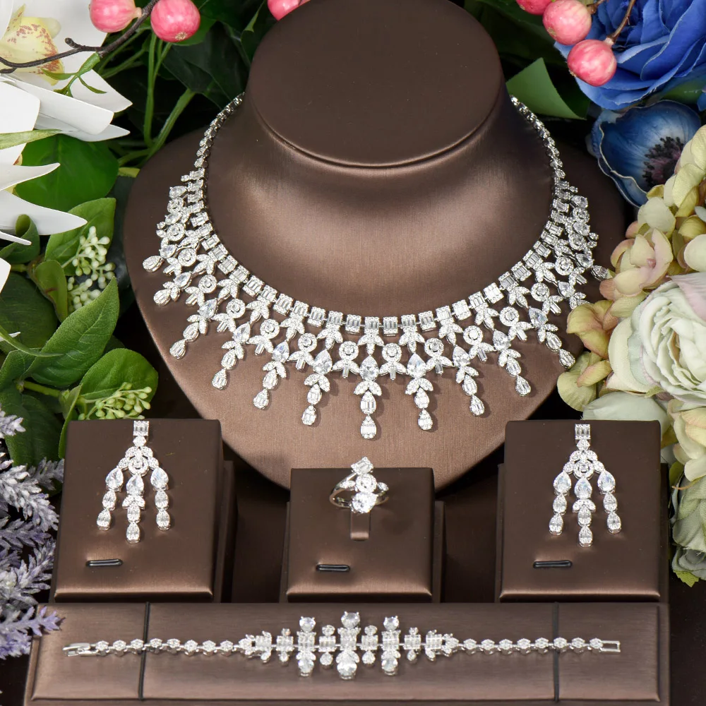 HIBRIDE Sparking AAA CZ Water Drop African Necklace Earring Set For Women Wedding Accessories Dubai Bridal Jewelry Set N-1005