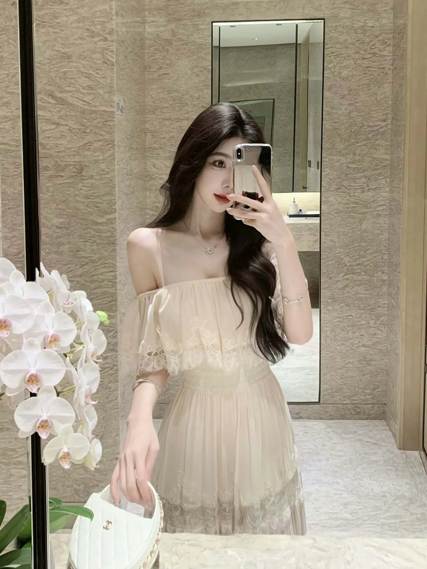 

Lace Trim One Shoulder Short Sleeve Dress Women's 2026 Summer New High Waist Slimming Fairy Long Dress Commute Style A-Line S...