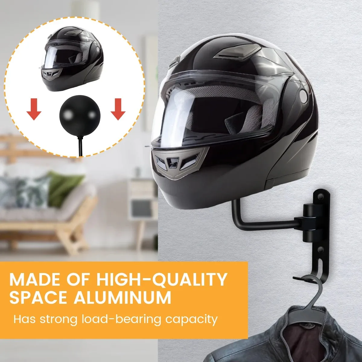 Motorcycle Accessories Wall Mount 180° Swivel Helmet Holder with 2 Hooks Metal Helmet Hanger for Motorcycle Bike Coats