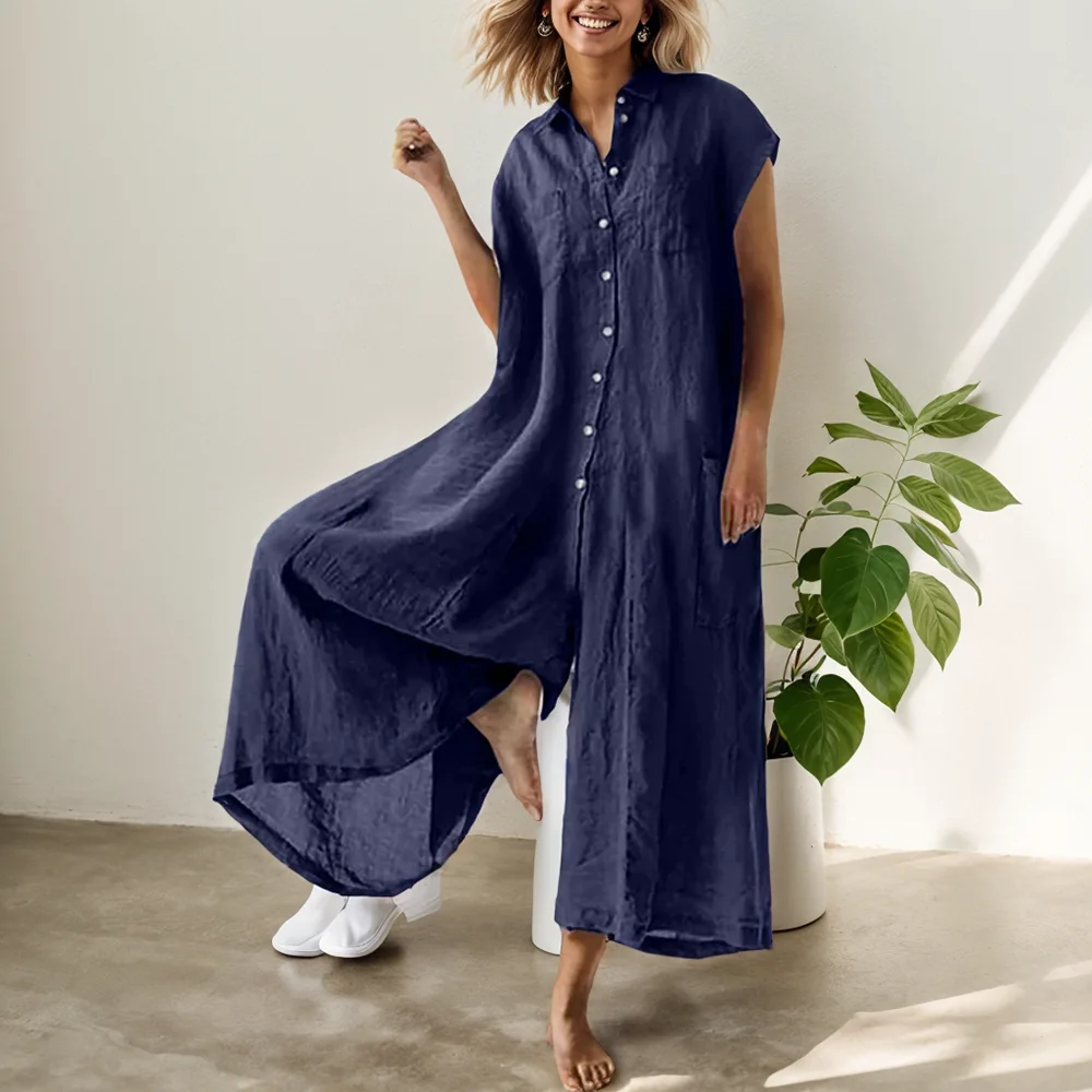 Vintage Cotton Linen Shirt Jumpsuit Summer Harajuku Lapel Button Women Rompers Wide Leg Pants Plus Size Big Pocket Overalls