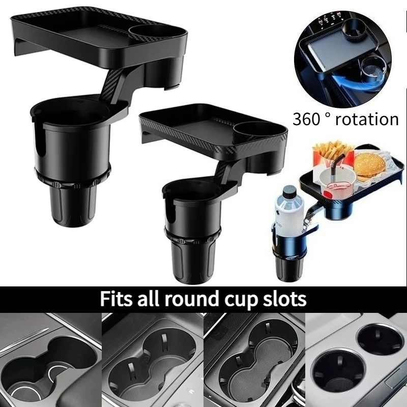 

Multi-functional car-mounted 360° rotatable adjustable dual cup organizer with food table,suitable for snacks,drinks hamburgers
