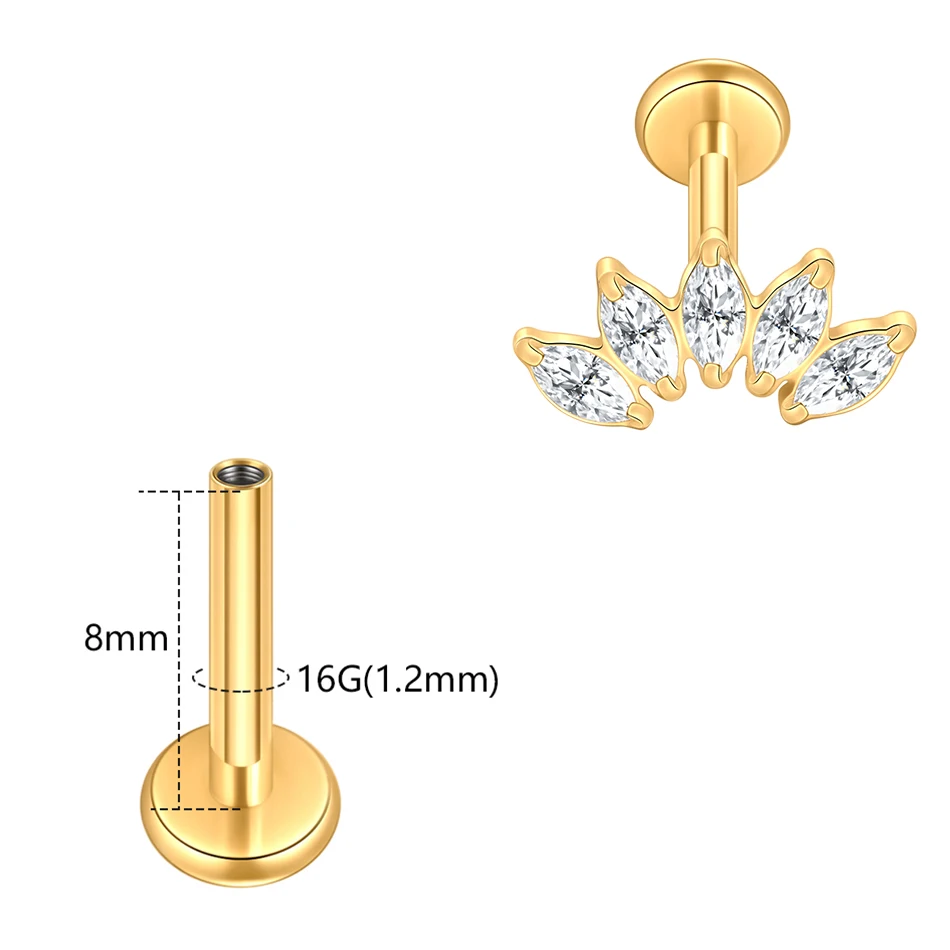  1pcs Titanium Internally Threaded Helix Stud Earrings With 5 Marquise CZ Top Flat Back Cartilage Labret Piercing Body Jewelry